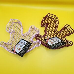 2 Vtg Rocking Horse Wire Baskets Desk Organizers Red Pink 5.5 Inch